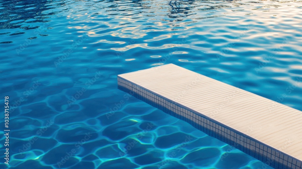 Obraz premium A swimming pool diving board and water ripples, outdoor setting with clear sky reflections, Serene style