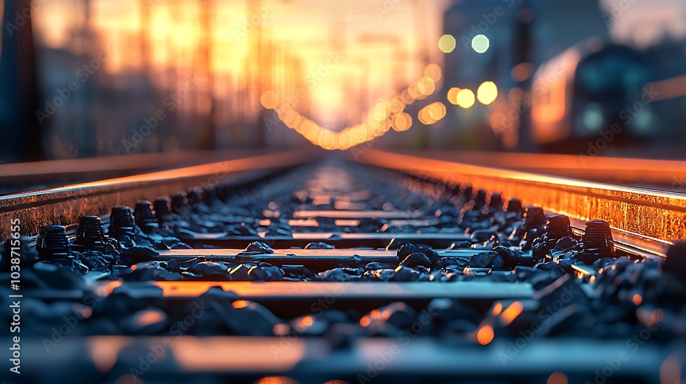 Fototapeta premium A close-up view of railway tracks glowing in sunset light, creating a serene and nostalgic atmosphere.