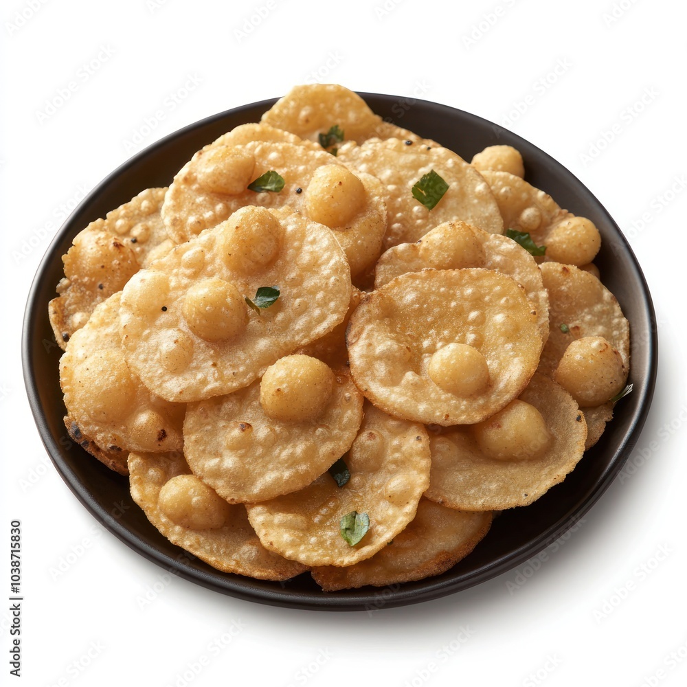 A plate of crispy snacks, featuring round and ball-shaped fried treats, garnished with herbs. A plate of crispy snacks, featuring round and ball-shaped fried treats, garnished with herbs.
