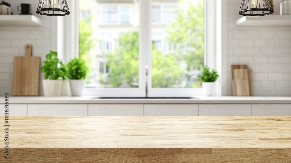 Wooden Countertop with Light Fixtures and Window View, kitchen, counter Wooden Countertop with Light Fixtures and Window View, kitchen, counter