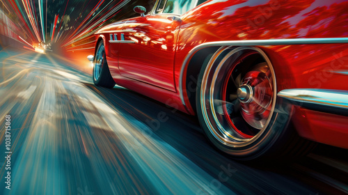 A high-speed red classic car in motion demonstrates aerodynamic drag on a dynamic urban street at sunset photo