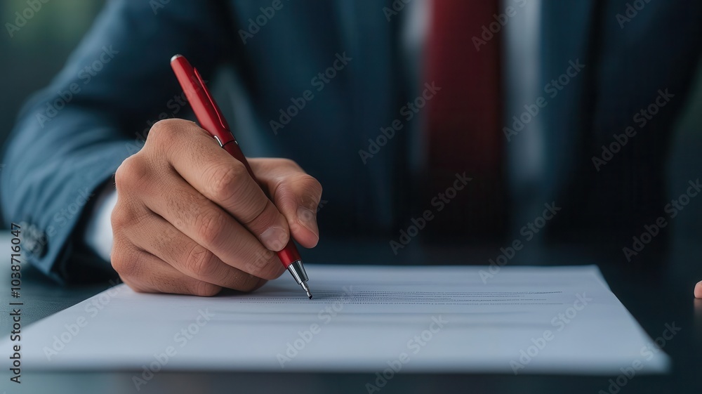Hand holding pen, writing on paper, background blurred, professional setting. Hand holding pen, writing on paper, background blurred, professional setting.