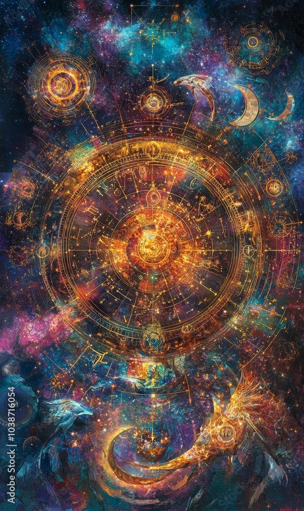 Cosmic clock with zodiac symbols and constellations. Cosmic clock with zodiac symbols and constellations.