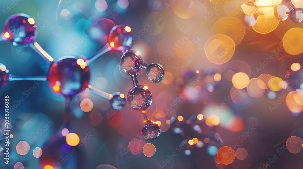 Dynamic representation of allyl radical molecular structure showcasing vibrant atoms in a colorful blurred background Dynamic representation of allyl radical molecular structure showcasing vibrant atoms in a colorful blurred background