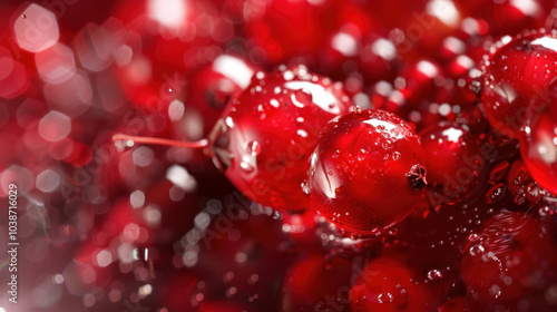 Vibrant close-up of alizarin crimson berries glistening with droplets against a blurred background, showcasing their rich hues and textures photo