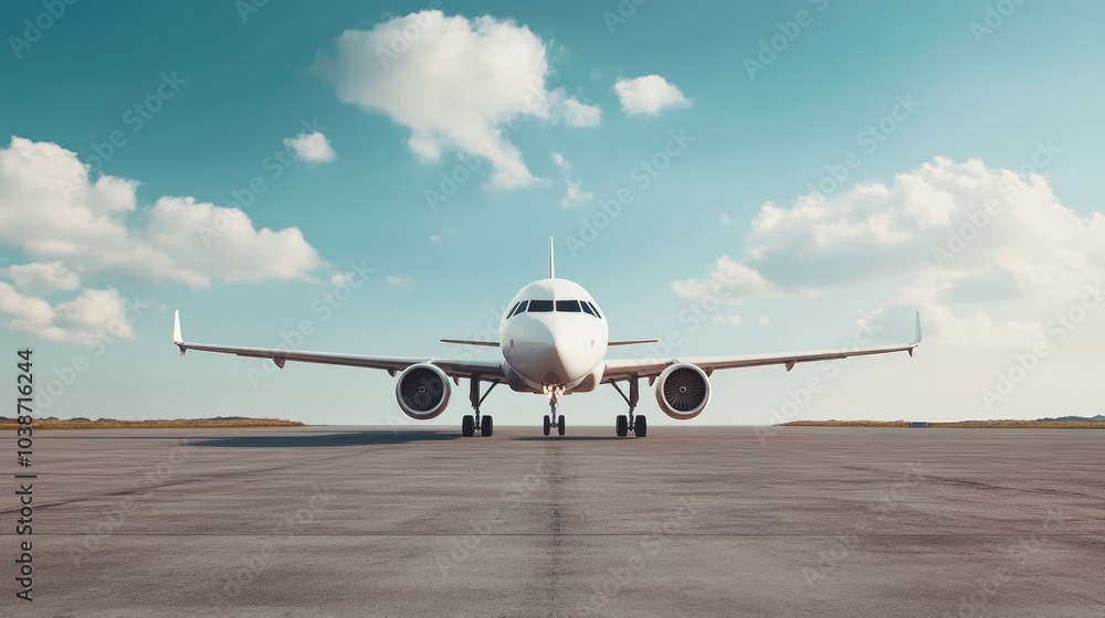 Modern Airplane on Tarmac in Clear Blue Sky Modern Airplane on Tarmac in Clear Blue Sky