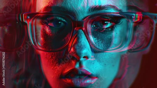 A captivating portrait featuring a young woman with large glasses, displaying vibrant anaglyphic colors in a studio setting photo