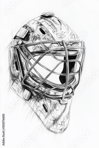 A detailed sketch of a hockey goalie helmet with intricate shading and protective features, isolated on a white background