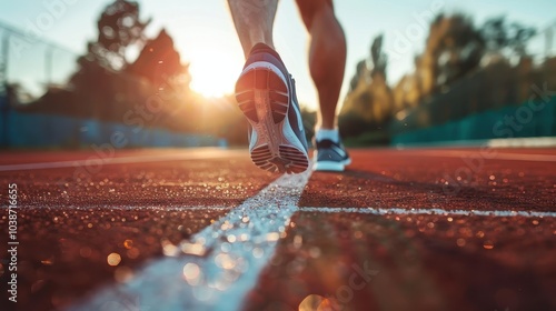 Athlete running on a sunlit track, showcasing determination and focus during training in an outdoor sports facility