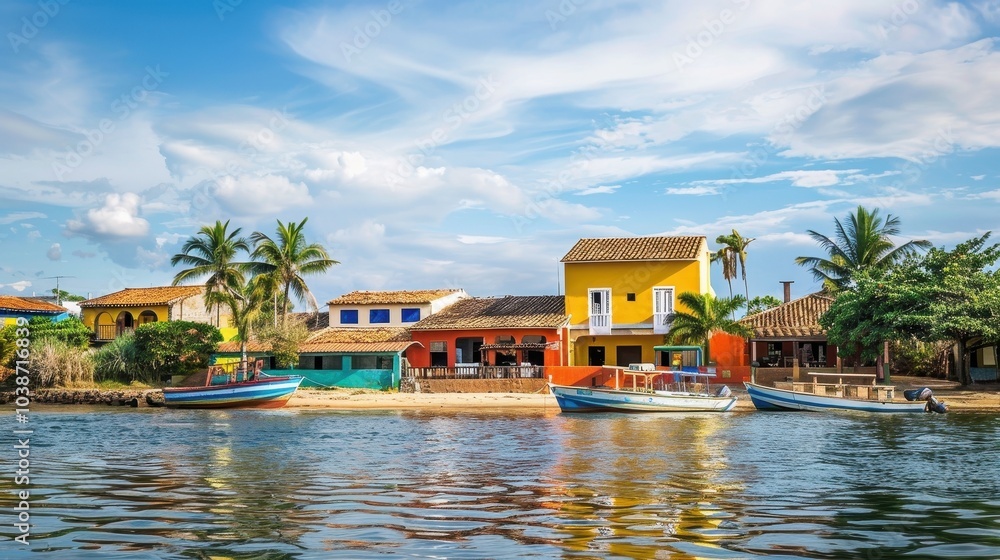 Colorful coastal village of Bahia Coquilla with boats and palm trees under a bright sky during the day Colorful coastal village of Bahia Coquilla with boats and palm trees under a bright sky during the day