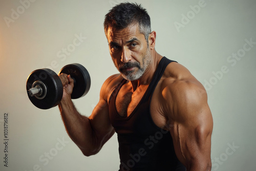 Muscular mid age man in a black tank top lifting dumbbells on white background