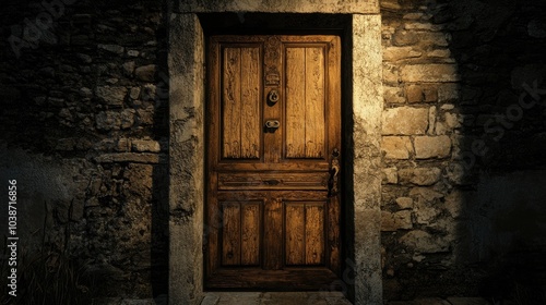 Rustic Wooden Door with Stone Wall Background