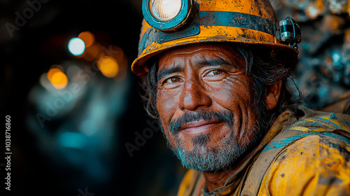 A Chilean miner, tired but happy, emerging from a mine after a long day of work. Generative AI