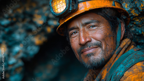 A Chilean miner, tired but happy, emerging from a mine after a long day of work. Generative AI