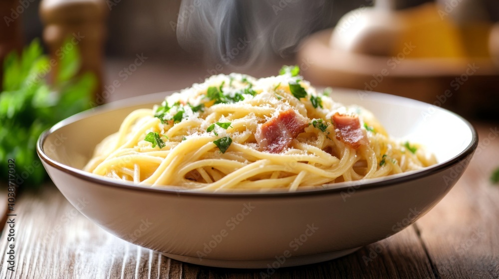 Freshly Cooked Pasta with Steam and Herbs Freshly Cooked Pasta with Steam and Herbs