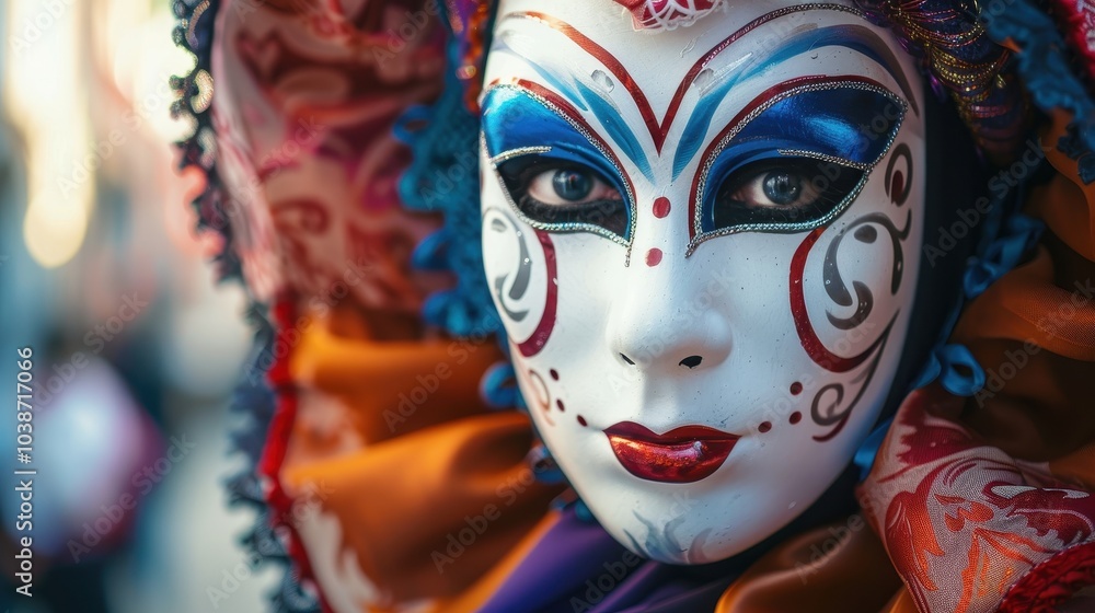 A close-up of a person wearing an ornate mask during a cultural festival celebrating traditional artistry and vibrant expression A close-up of a person wearing an ornate mask during a cultural festival celebrating traditional artistry and vibrant expression