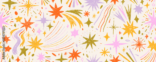 Colorful childish seamless pattern with stars and comets drawn by a crayon. Starry sky seamless pattern with doodles. Childish drawing cosmic illustration with cute doodle stars.