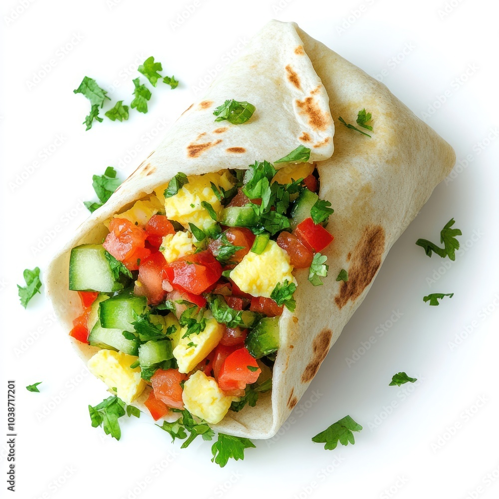 A delicious burrito filled with fresh vegetables and herbs, showcasing vibrant colors and textures. A delicious burrito filled with fresh vegetables and herbs, showcasing vibrant colors and textures.