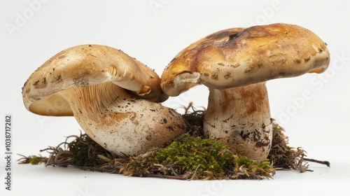 Kov boletes mushrooms growing in lush moss with a natural earthy background, showcasing unique shapes and textures in a forest setting photo