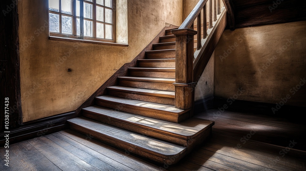 Obraz premium Elegant Wooden Staircase in Soft Natural Light