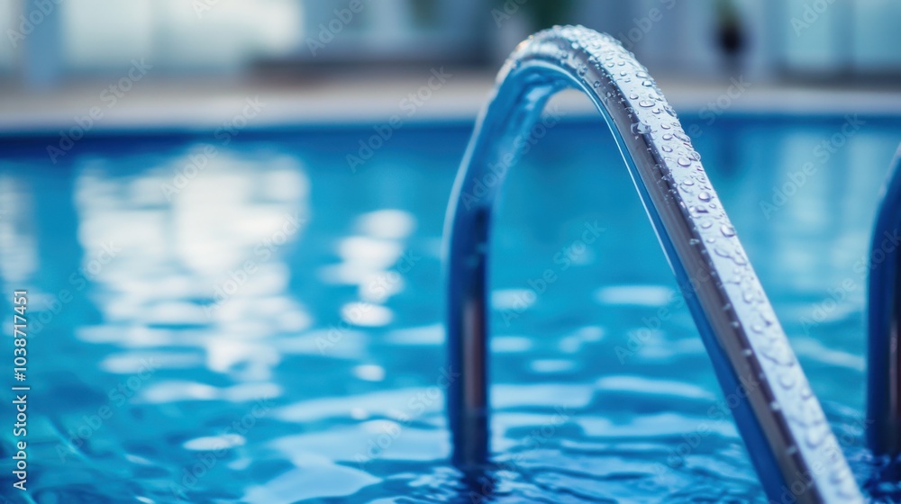 A swimming pool ladder with water droplets, indoor pool with reflections, Clean style A swimming pool ladder with water droplets, indoor pool with reflections, Clean style