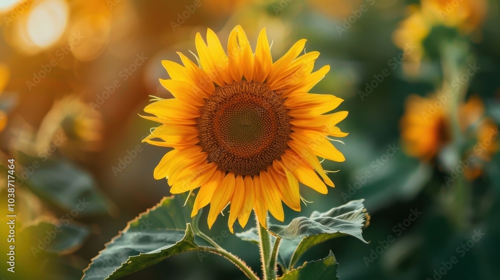 Naklejka premium Bright sunflower blooming in a warm summer garden, surrounded by green leaves and softly glowing sunlight