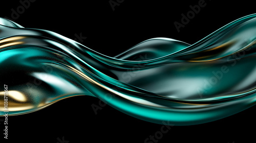 A flowing teal and gold liquid creates an abstract wave against a black background. Abstract art illustration 