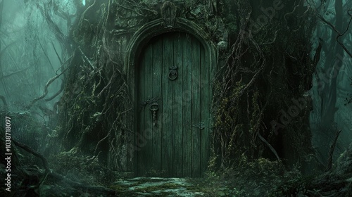 Mysterious Wooden Door in Enchanted Forest