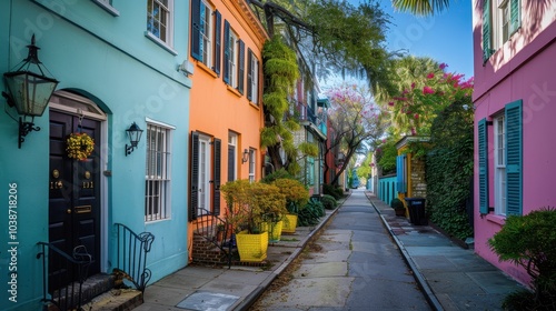 Charming alleyway lined with colorful houses in historic Charleston, showcasing vibrant architecture and greenery in daylight