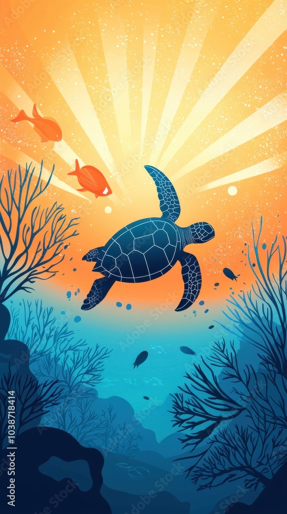 Fototapeta premium Diver Encounters Massive Sea Turtle Underwater Scene