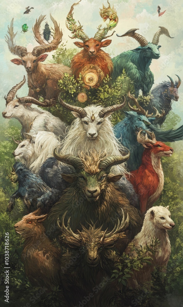 Fantastic creatures gathered in a forest. Fantastic creatures gathered in a forest.