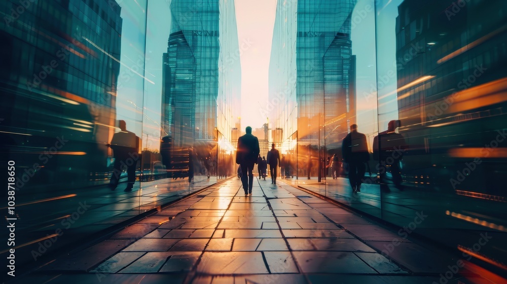Sunset silhouettes of pedestrians walking through urban glass structures in a bustling cityscape at dusk Sunset silhouettes of pedestrians walking through urban glass structures in a bustling cityscape at dusk