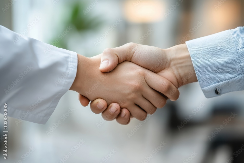 Two people engaging in a handshake to signify agreement during a business meeting indoors Two people engaging in a handshake to signify agreement during a business meeting indoors