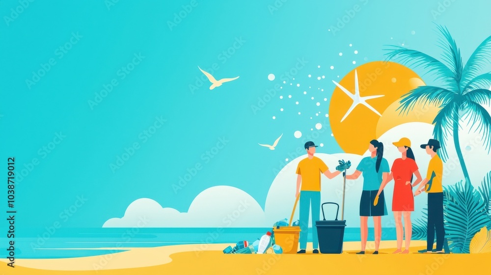 Eco-Conscious Group of Travelers Cleaning Beach Eco-Conscious Group of Travelers Cleaning Beach