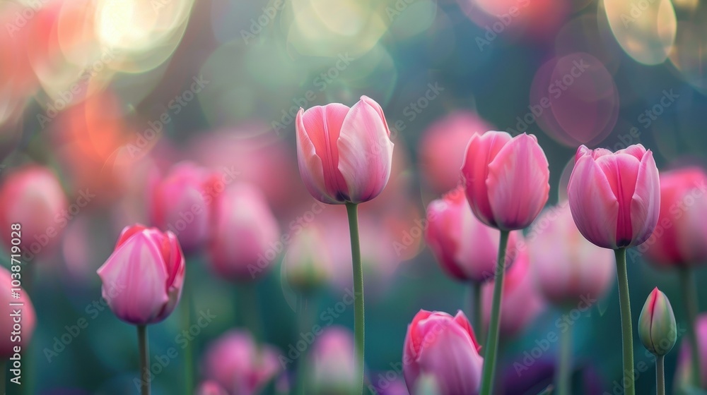 Beautiful blooming pink tulips in a vibrant garden during springtime, showcasing nature's colors and delicate petals Beautiful blooming pink tulips in a vibrant garden during springtime, showcasing nature's colors and delicate petals