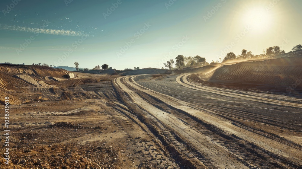 Dirt track winding through a scenic landscape at sunrise with soft sunlight illuminating the rugged earth and calm surroundings Dirt track winding through a scenic landscape at sunrise with soft sunlight illuminating the rugged earth and calm surroundings