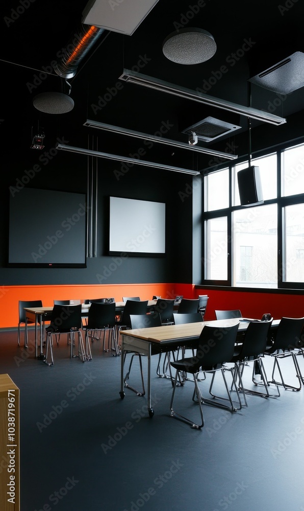 Modern conference room with black and orange decor. Modern conference room with black and orange decor.