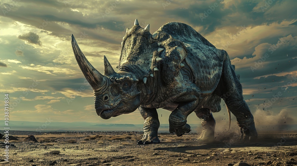 Fototapeta premium A giant rhinoceros strides through a barren landscape under a dramatic cloudy sky at dusk, showcasing its immense size and power