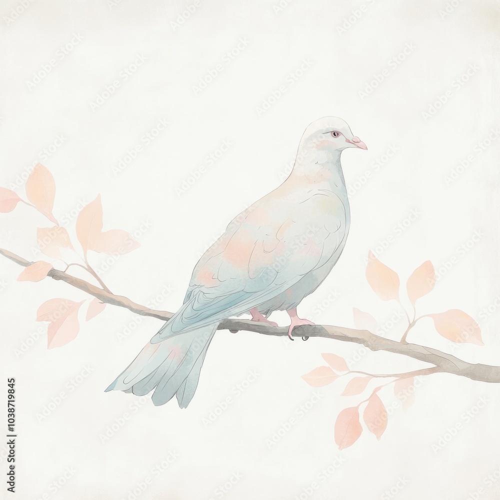A delicate illustration of a pale bird perched on a branch with soft leaves. A delicate illustration of a pale bird perched on a branch with soft leaves.
