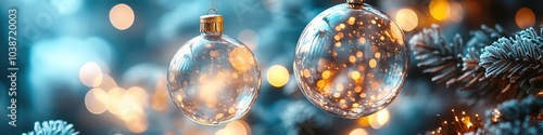 Transparent Christmas balls with sparkling lights, festive mood