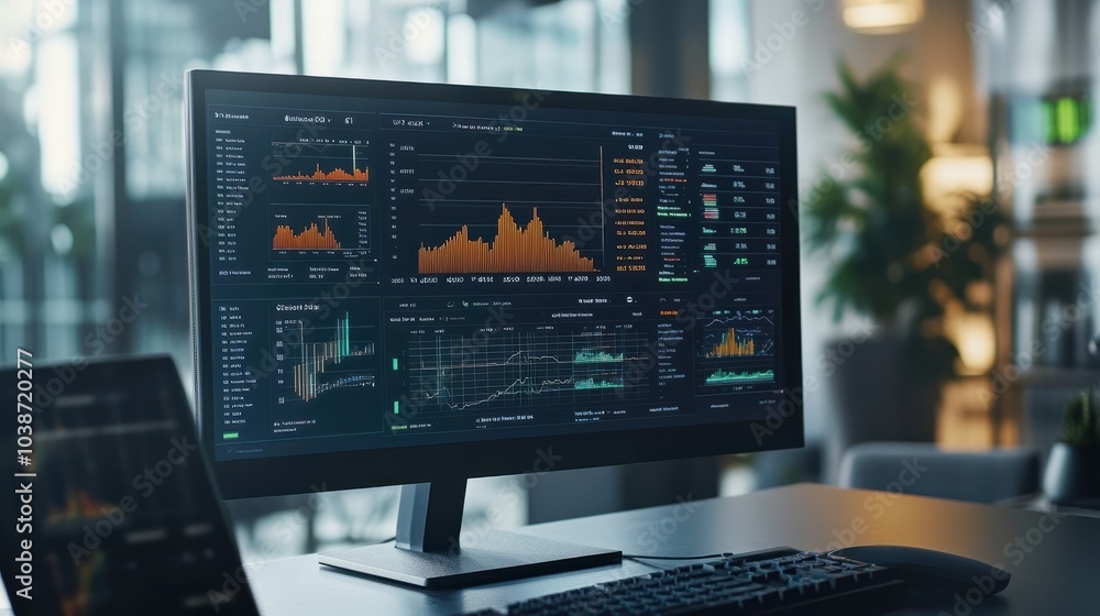 Big Data Technology for Business Finance Analytic Concept. Modern interface shows massive information of business sale report, profit chart and stock market trends analysis on screen monitor. uds Big Data Technology for Business Finance Analytic Concept. Modern interface shows massive information of business sale report, profit chart and stock market trends analysis on screen monitor. uds