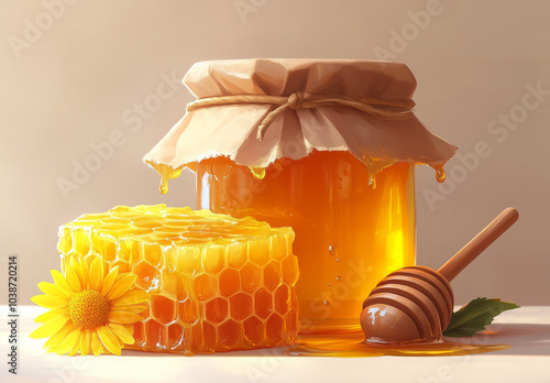 Jar of Honey with Bee Products and Flowers






