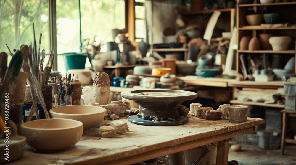 A vibrant pottery workshop filled with spinning pottery wheels, Clay and sculpting tools in creative disarray, Artisanal pottery style A vibrant pottery workshop filled with spinning pottery wheels, Clay and sculpting tools in creative disarray, Artisanal pottery style