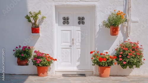 Charming White Doorway with Colorful Flower Pots