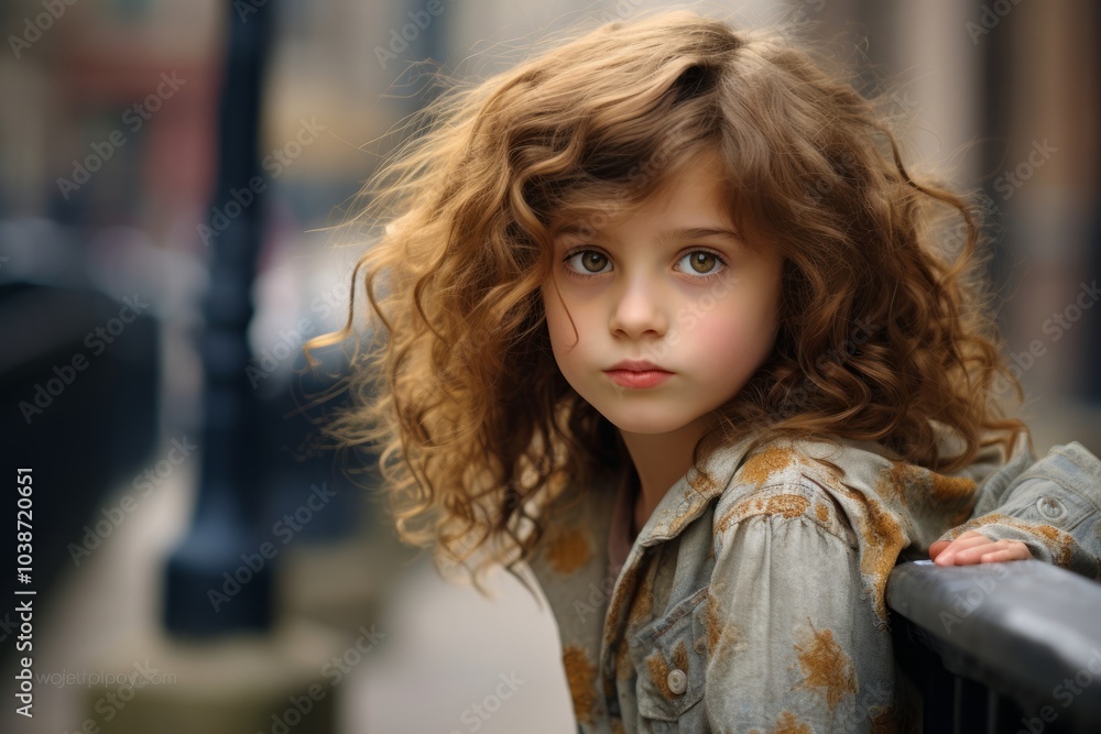 Portrait of a beautiful little girl with curly hair on the street Portrait of a beautiful little girl with curly hair on the street
