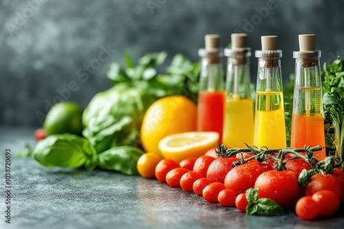 Fresh ingredients and vibrant oils arranged for a colorful cooking preparation in a kitchen setting