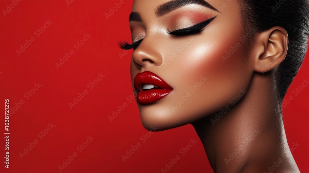 Elegant Beauty Portrait with Bold Makeup on Red Background Elegant Beauty Portrait with Bold Makeup on Red Background