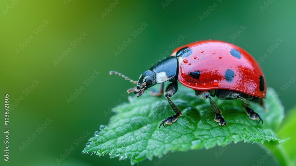 Fototapeta premium A close-up view of a vibrant ladybug resting on a green leaf in a sunlit garden during a warm spring afternoon