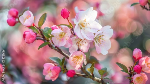 Spring blossoms of Eucryphia showcasing delicate pink and white flowers in a lush garden setting during early morning light