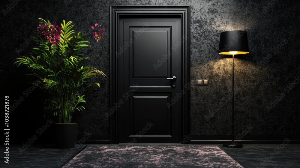 Elegant Doorway with Lamp and Plant in Dark Room Elegant Doorway with Lamp and Plant in Dark Room